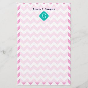 Rosa White Chevron Zigzag Teal Quatrefoil Monogram Brevpapper