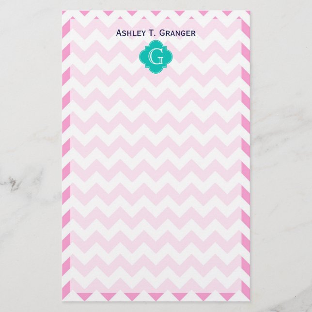 Rosa White Chevron Zigzag Teal Quatrefoil Monogram Brevpapper (Framsida)