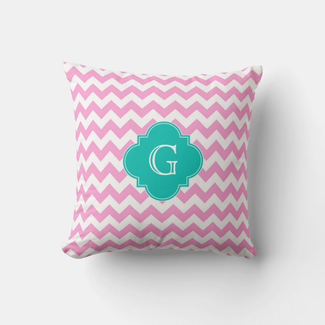 Rosa White Chevron Zigzag Teal Quatrefoil Monogram Kudde (Framsida)