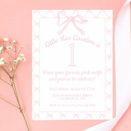 Rosa & White Coquette Bow Birthday Girl, Rosa Bow Inbjudningar