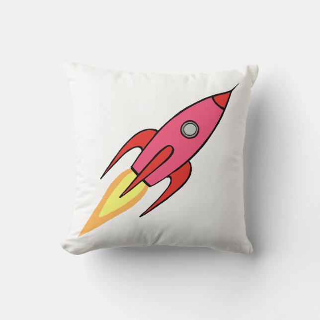 Rosa & White Cute Retro Rocketship Tecknad Design Kudde (Framsida)