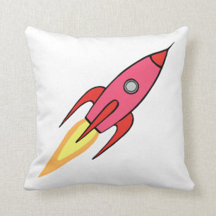 Rosa & White Cute Retro Rocketship Tecknad Design Kudde