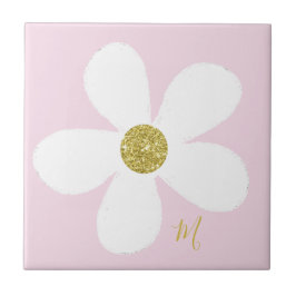 Rosa White Daisy Simple Blommigt Guld Personal Kakelplatta
