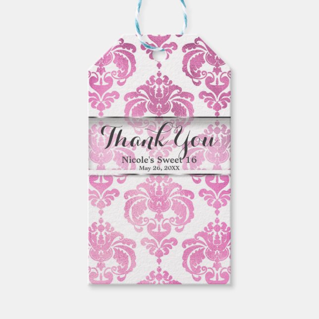 Rosa & White Damask Vintage bröllop, händelseförmå Presentetikett (Framsidan)