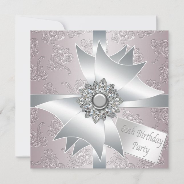 Rosa White Diamond Bow Womans 60:e Födelsedagsfest Inbjudningar (Framsida)