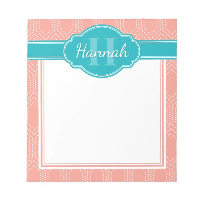 Rosa White Diamond Dot Mönster Teal Monogram Anteckningsblock (Framsida)