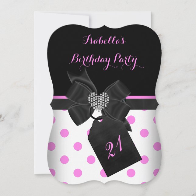 Rosa White Diamond Heart Black Polka dots Birthday Inbjudningar (Framsida)