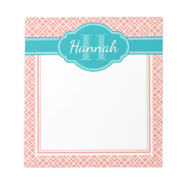 Rosa White Diamond Trellis Mönster Teal Monogram Anteckningsblock