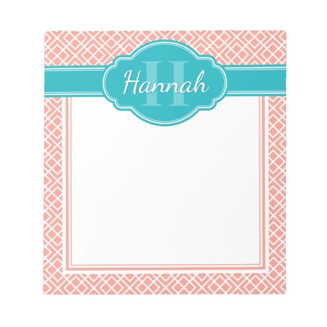 Rosa White Diamond Trellis Mönster Teal Monogram Anteckningsblock (Framsida)