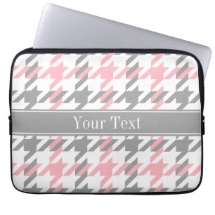 Rosa White Dk Grått Houndstooth Namn Monogram Laptop Sleeve