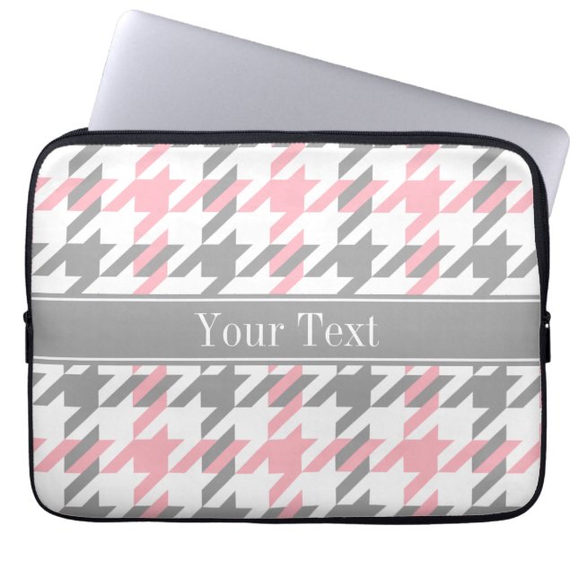 Rosa White Dk Grått Houndstooth Namn Monogram Laptop Sleeve (Framsidan)