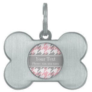 Rosa White Dk Grått Houndstooth Namn Monogram Namnbricka Husdjur