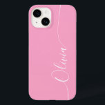 Rosa White Elegant Calligraphy-skript Namn<br><div class="desc">Rosa Elegant White Calligraphy Script Anpassningsbar Personlig Namn iPhone 14 Smart Phone Case har en modern och enkel design för trendig och snyggt med personligen namn i elegant i rosa-handskriven calligraphy-skripttypografi på  bakgrund. Designad av ©Evco Studio www.zazzle.com/store/evcostudio</div>