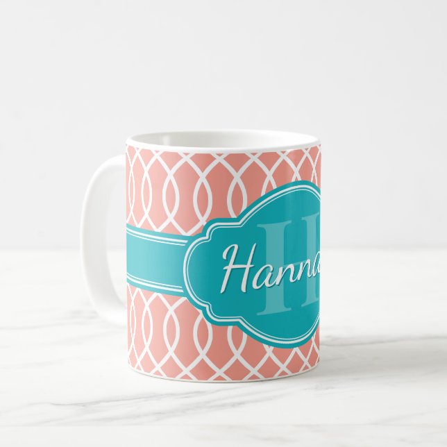 Rosa White Elegant Lattice Mönster Teal Monogram Kaffemugg (Framsida vänster)