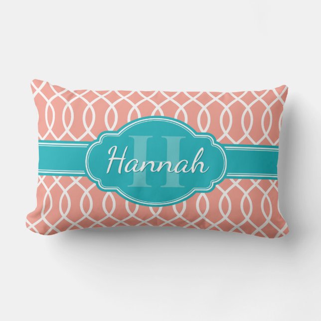 Rosa White Elegant Lattice Mönster Teal Monogram Lumbarkudde (Framsida)