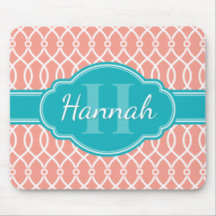 Rosa White Elegant Lattice Mönster Teal Monogram Musmatta