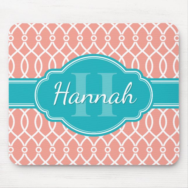 Rosa White Elegant Lattice Mönster Teal Monogram Musmatta (Framsidan)