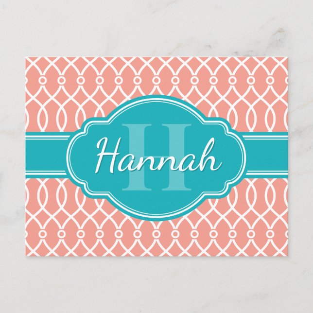 Rosa White Elegant Lattice Mönster Teal Monogram Vykort (Framsida)
