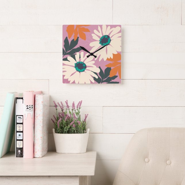 Rosa White Färg Pop Daisys Konstnärlig Blommigt Fyrkantig Klocka (Läsesal)