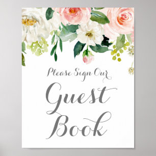 Rosa White Flower Bröllop Guest Bok Sign Poster