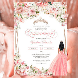  Rosa White Flowers Elegant Gown Quinceañera Inbjudningar