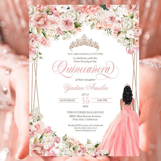  Rosa White Flowers Elegant Gown Quinceañera Inbjudningar (Skapare uppladdad)