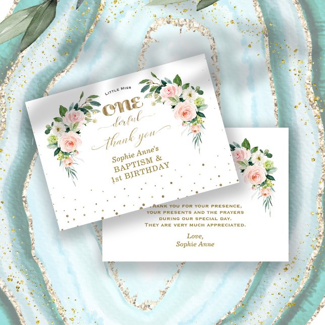 Rosa White Flowers Girl 1:a födelsedagsbaptism Tack Kort (little miss onederful birthday, baptism, thank you card, trendy pink floral baptism 1st birthday)