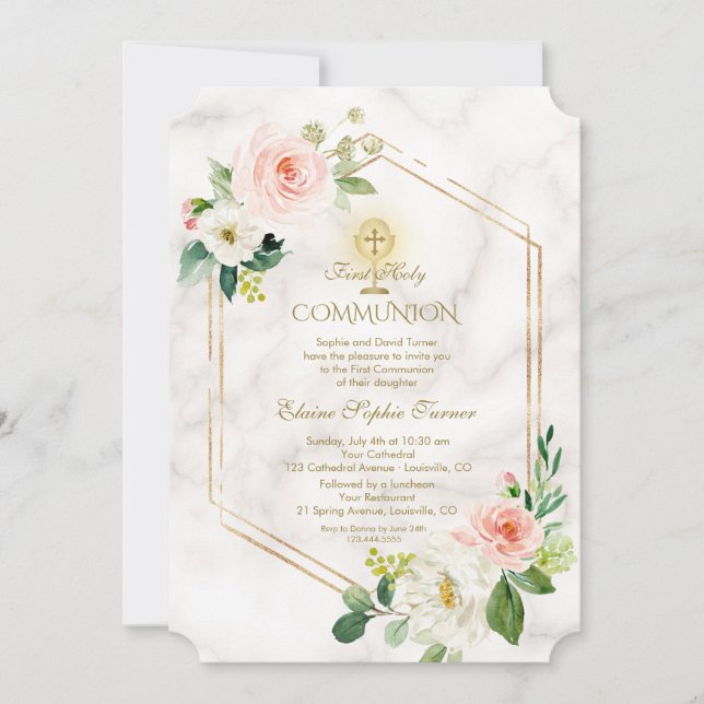 Rosa White Flowers Marble Guld Heliga Communion Inbjudningar (Framsida)