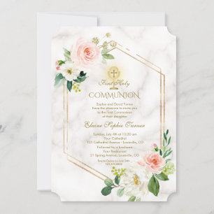 Rosa White Flowers Marble Guld Heliga Communion Inbjudningar