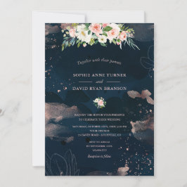 Rosa White Flowers Ro Guld Navy Blue Bröllop Inbjudningar
