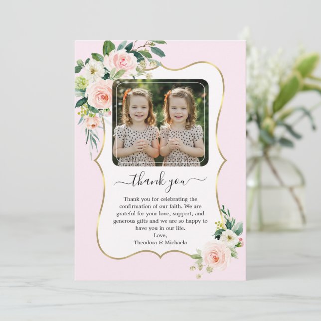 Rosa White Flowers Twin Girls Photo Confirmation Tack Kort (Stående Fram)