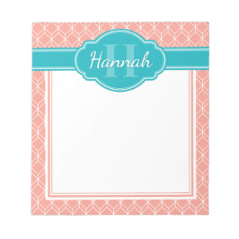 Rosa White Geometric Diamond Mönster Teal Monogram Anteckningsblock