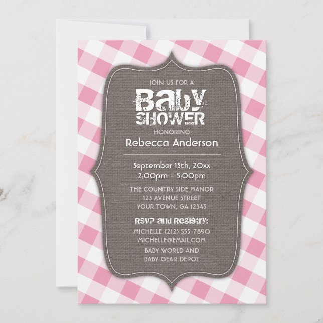 Rosa & White Gingham Canvas Baby Shower Inbjudningar (Framsida)