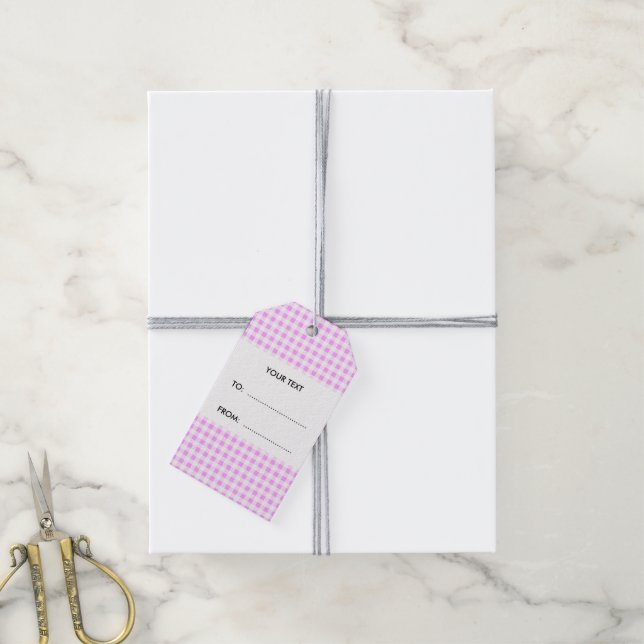 Rosa White Gingham Mönster, Ditt Monogram Presentetikett (Med Snöre)