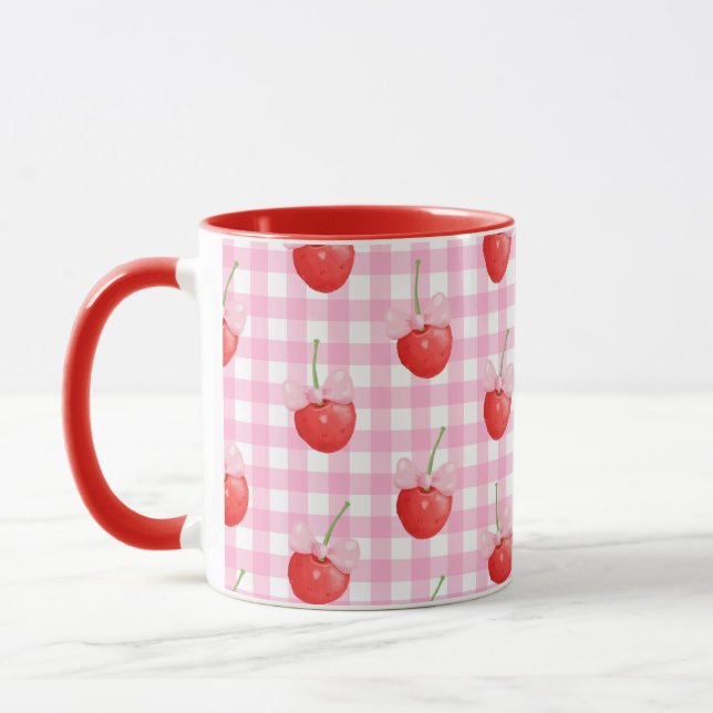 Rosa White Gingham Mugg Cute Strawberry Skriv ut (Vänster)