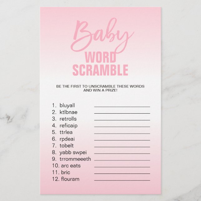 Rosa White Girl Baby Shower ORD SCRAMBLE Flygblad (Framsidan)