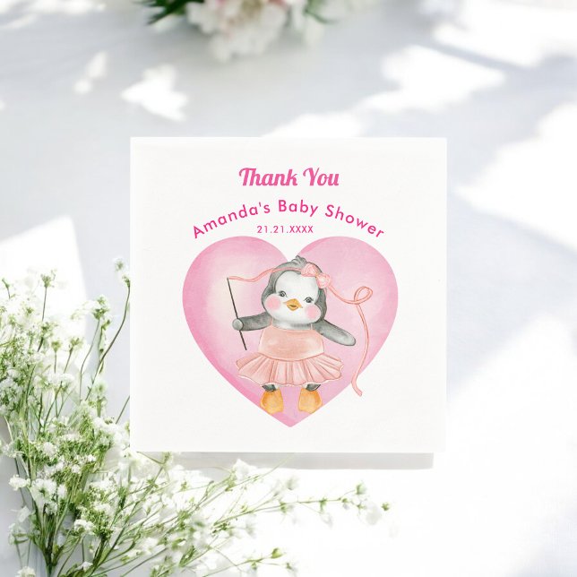 Rosa White Girl Baby Shower Penguin Pappersservett (Skapare uppladdad)