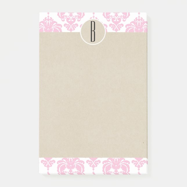 Rosa White Glam Damask Kraft Monogram Initial Post-it Block (Framsida)