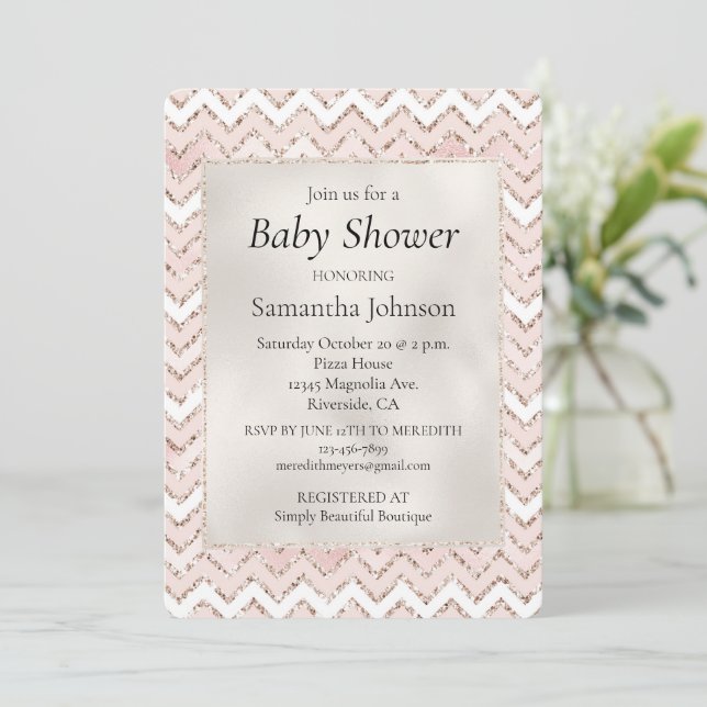  Rosa White Glam Glitter Zig Zag Baby Shower Inbjudningar (Stående Fram)