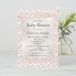 Rosa White Glam Glitter Zig Zag Baby Shower Inbjudningar