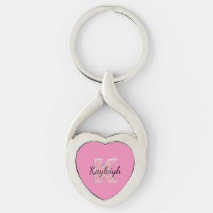 Rosa White Glitter brev K Twisted Heart Silverfärgad Nyckelring