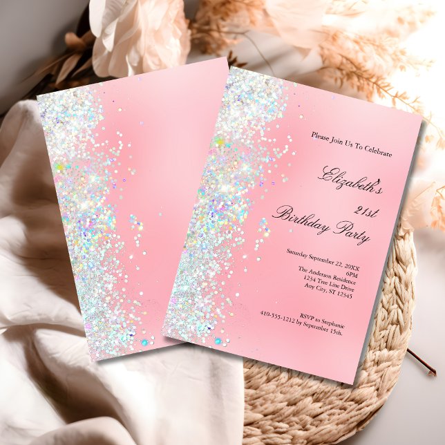  Rosa White Glitter Glam Bling 21:a födelsedagen Inbjudningar (Blush Pink White Glitter 21st Twenty First Birthday Party Invitation)
