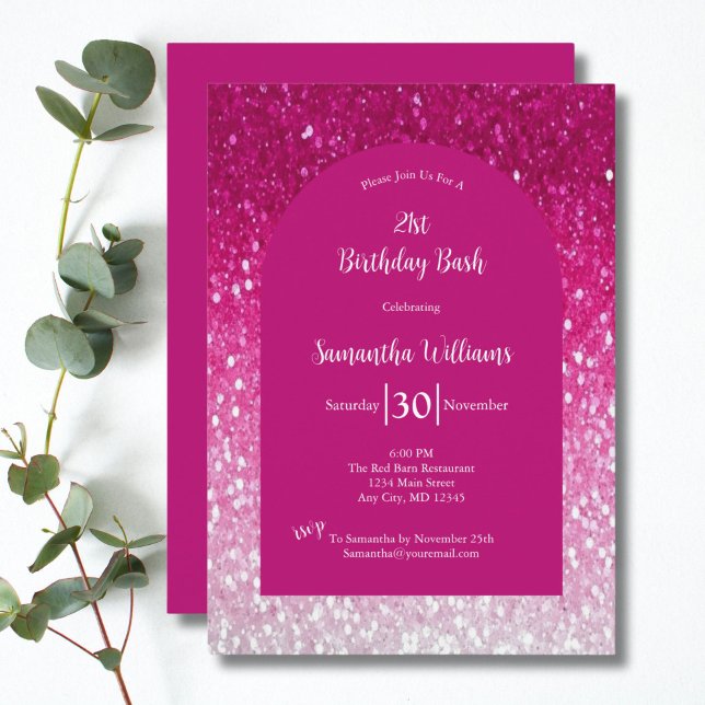 Rosa White Glitter Glam Bling Girly 21:a födelseda Inbjudningar (Pink White Glitter 21st Birthday invitation. Glam Bling Sparkle. Printed or Digital Download)