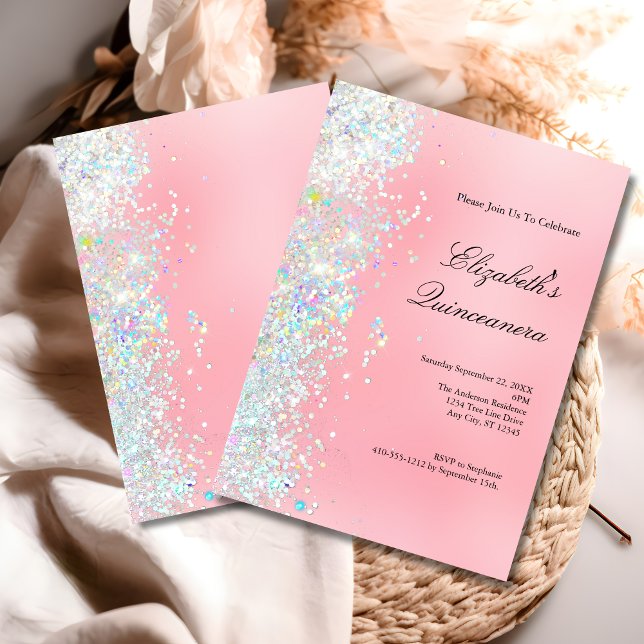  Rosa White Glitter Glam Bling Quinceanera Inbjudningar (Blush pink white glitter Glam Bling Modern Trendy Quinceanera 15th birthday invitation)