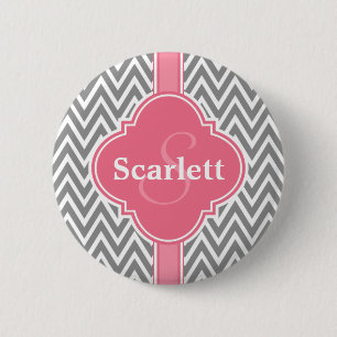 Rosa White Grått Chevron Mönster och Monogram Knapp