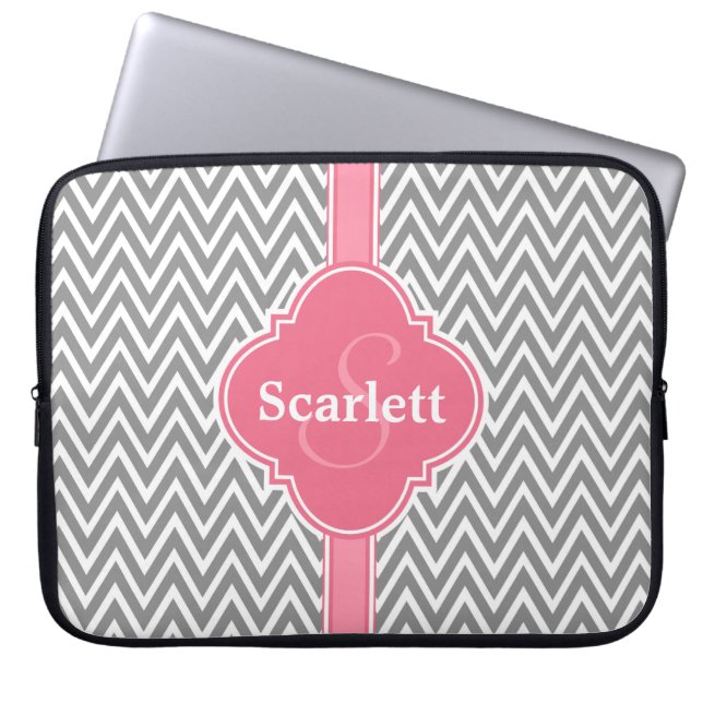 Rosa White Grått Chevron Mönster och Monogram Laptop Sleeve (Framsidan)