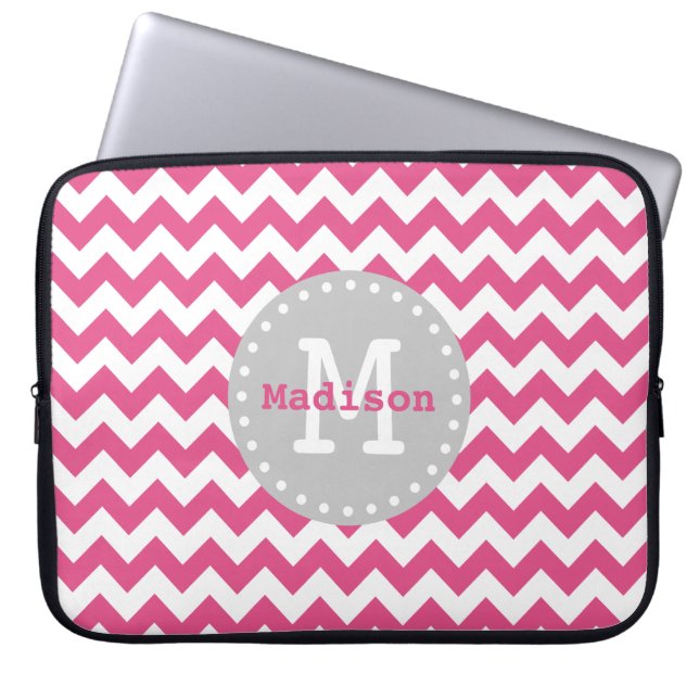 Rosa White Grått Chevron Zigzag Monogram Laptop Sleeve (Framsidan)