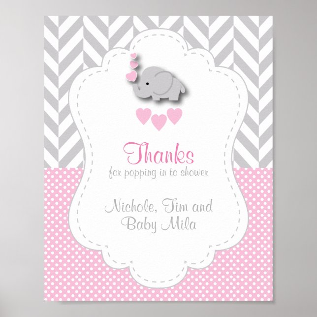 Rosa, White Grått Elephant Baby Shower Tack Poster (Framsidan)