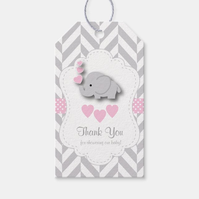 Rosa, White Grått Elephant Baby Shower Tack Presentetikett (Framsidan)