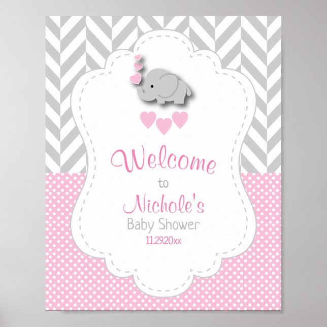 Rosa, White Grått Elephant Baby Shower Välkommen Poster (Framsidan)